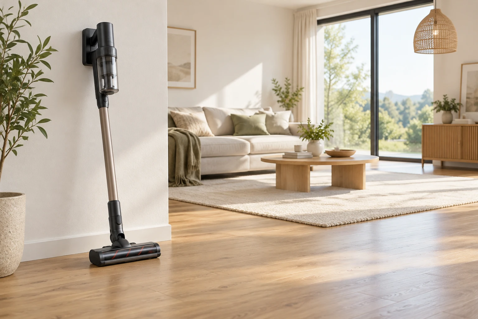 Aspirateur balai sans fil posé contre mur dans salon lumineux et épuré