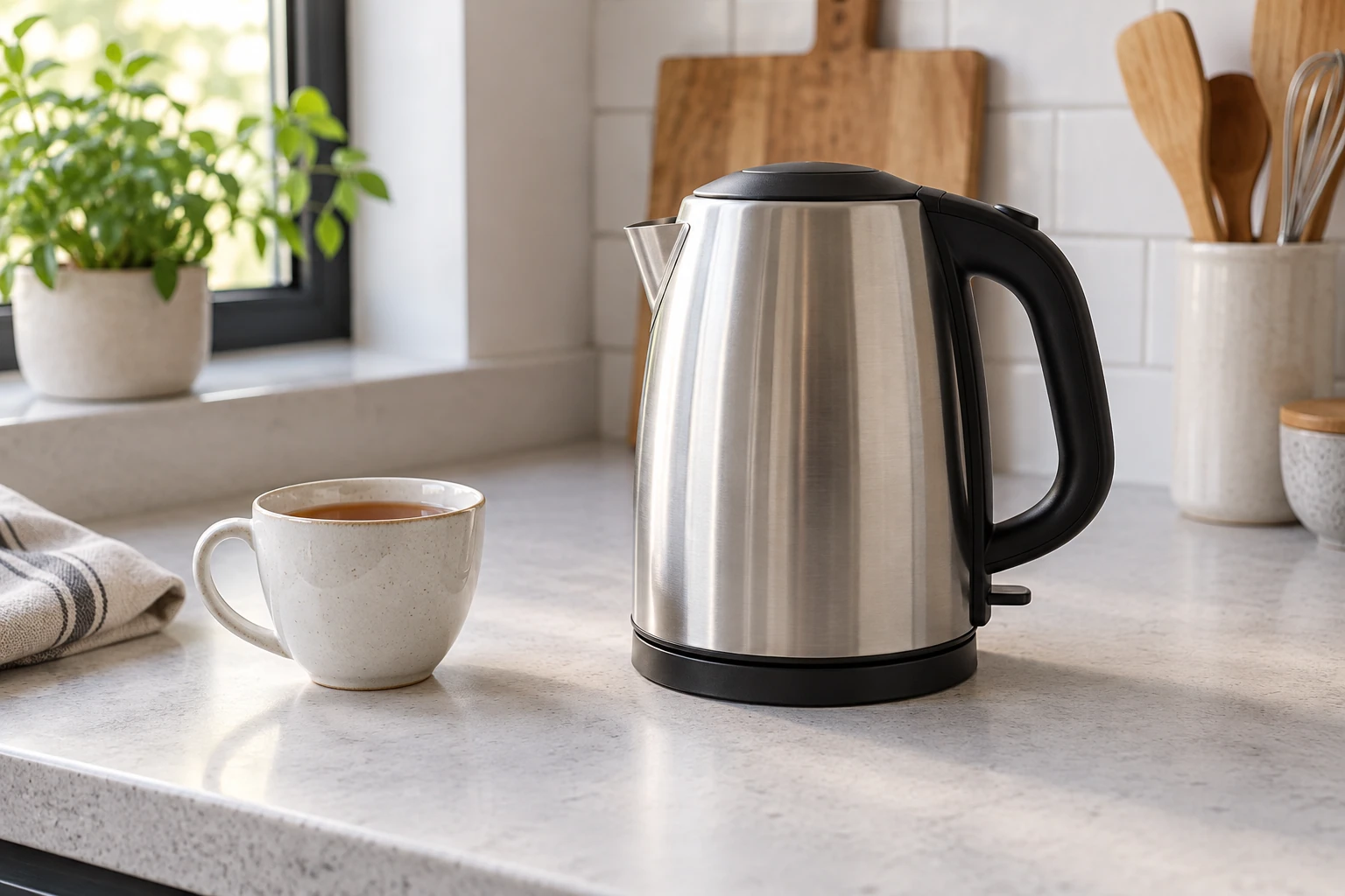 Bouilloire électrique inox sur plan de travail à côté d'une tasse de thé
