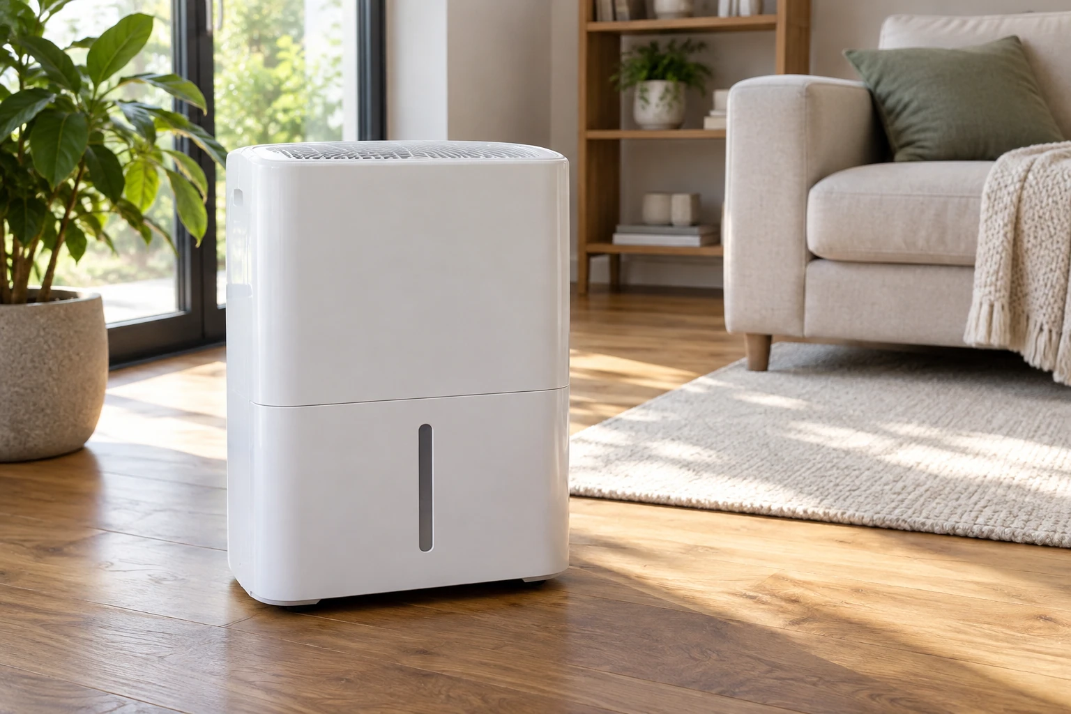 Déshumidificateur blanc sur parquet, près d'un canapé et d'une plante lumineuse