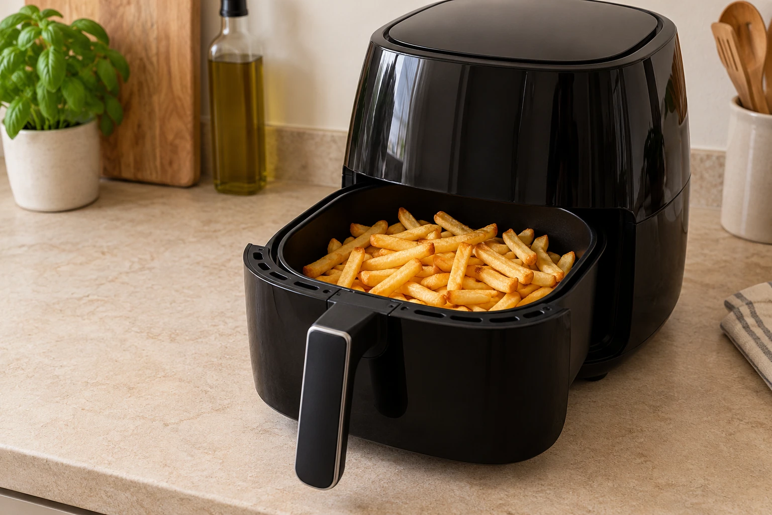 Friteuse sans huile noire ouverte contenant frites dorées sur plan de travail lumineux