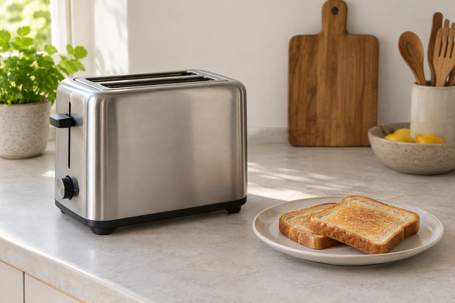 Grille-pain inox sur plan de travail près d'assiettes avec tranches de pain grillé