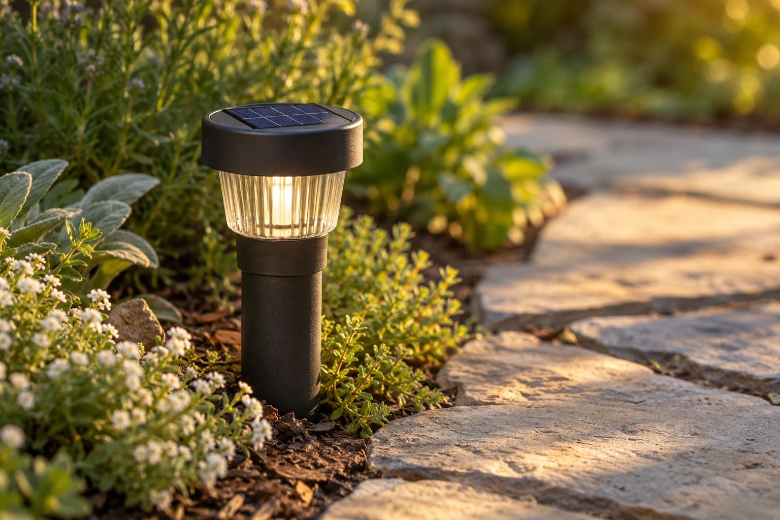 Lampe solaire extérieure allumée bordant un sentier pavé dans un massif fleuri