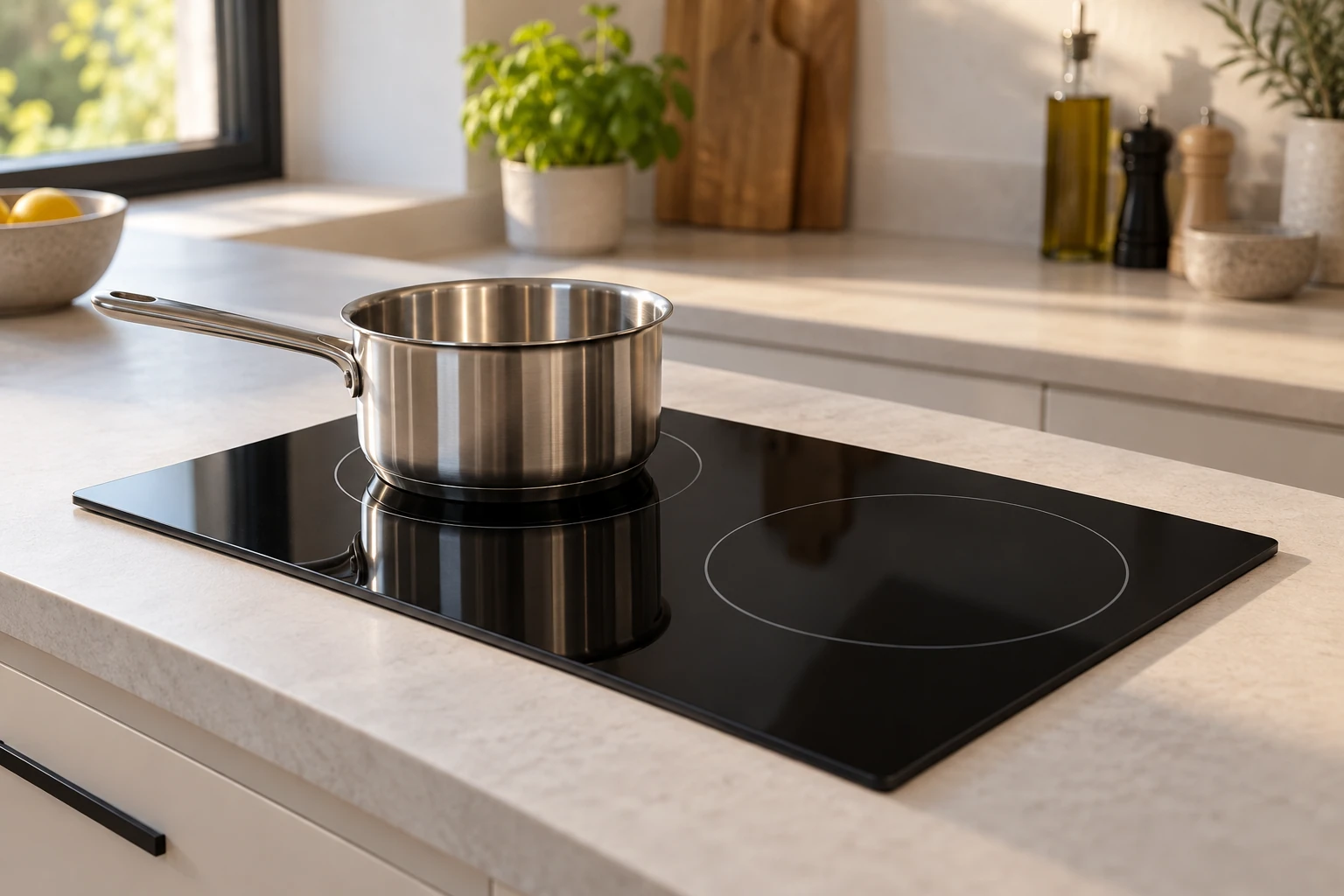 Plaque induction noire deux feux avec casserole en acier inox posé sur brûleur lumineux