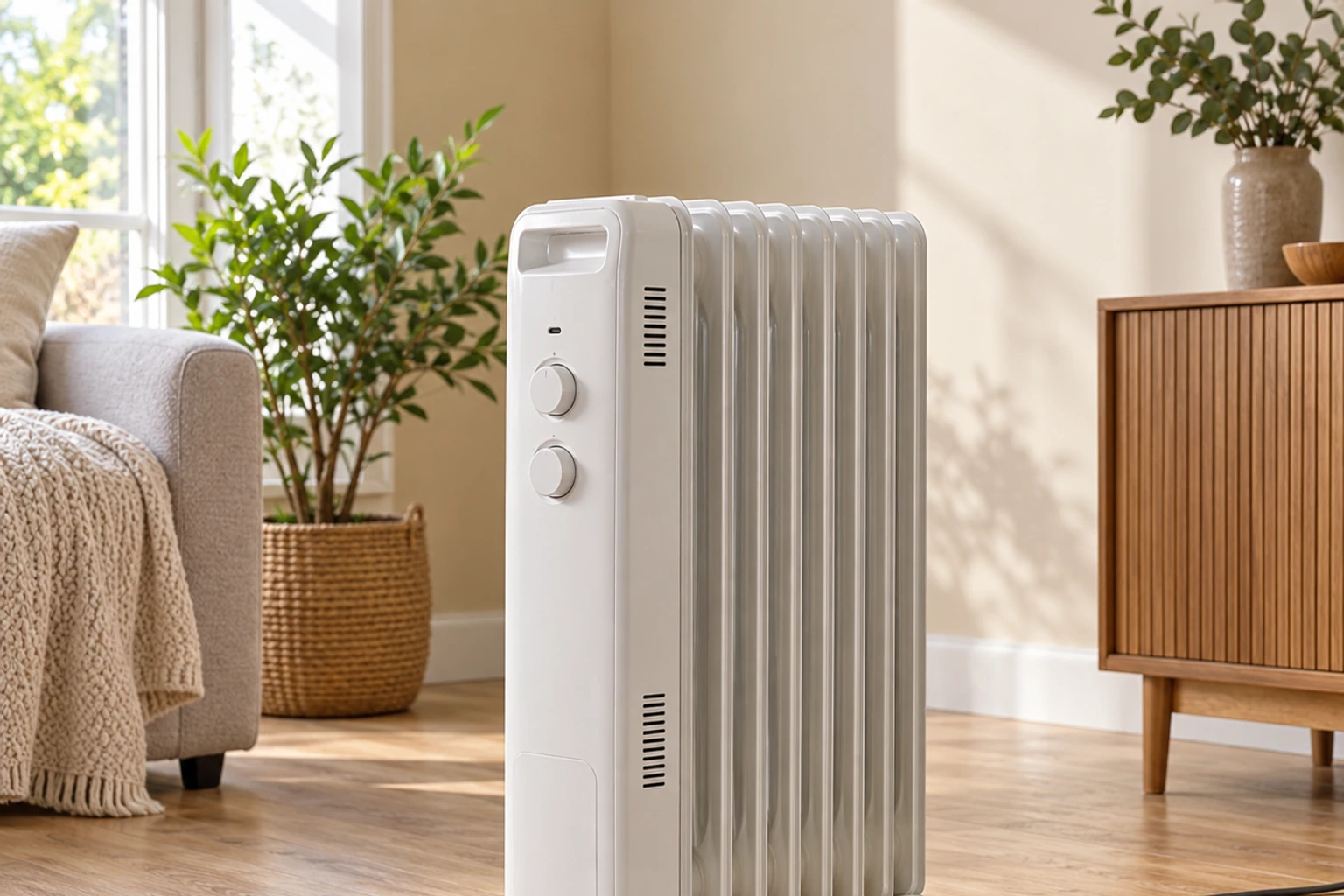 Radiateur bain d'huile blanc posé dans un salon lumineux avec meuble et plante